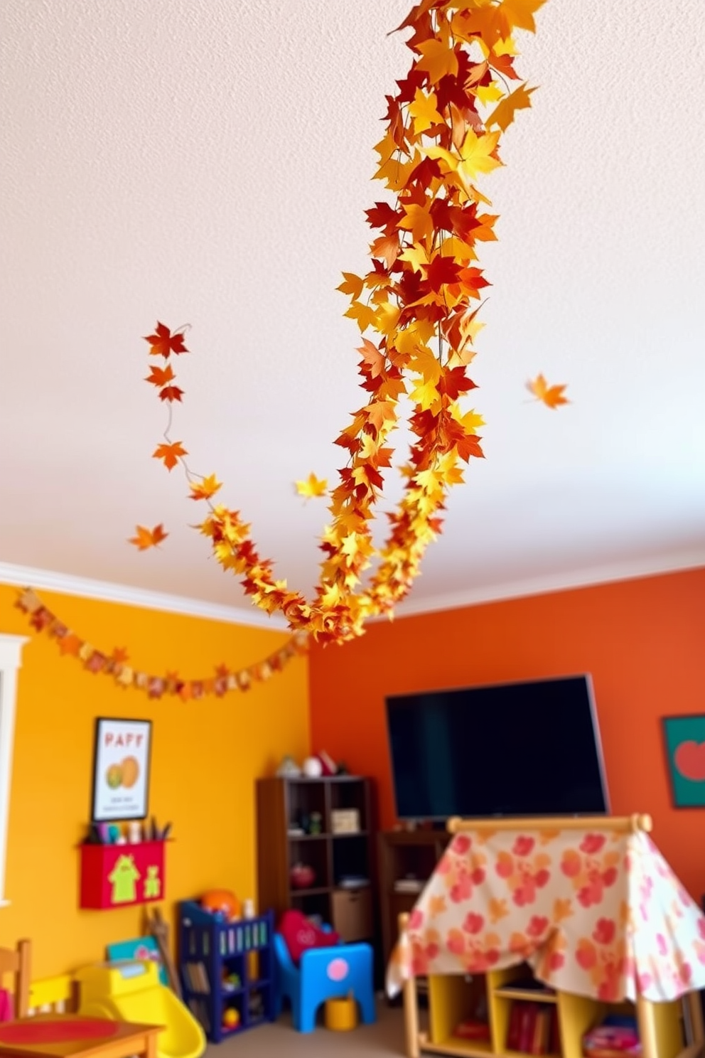 A cozy playroom adorned with an autumn leaf garland drapes gracefully across the ceiling. The walls are painted in warm tones of orange and yellow, creating a cheerful atmosphere for children to enjoy.