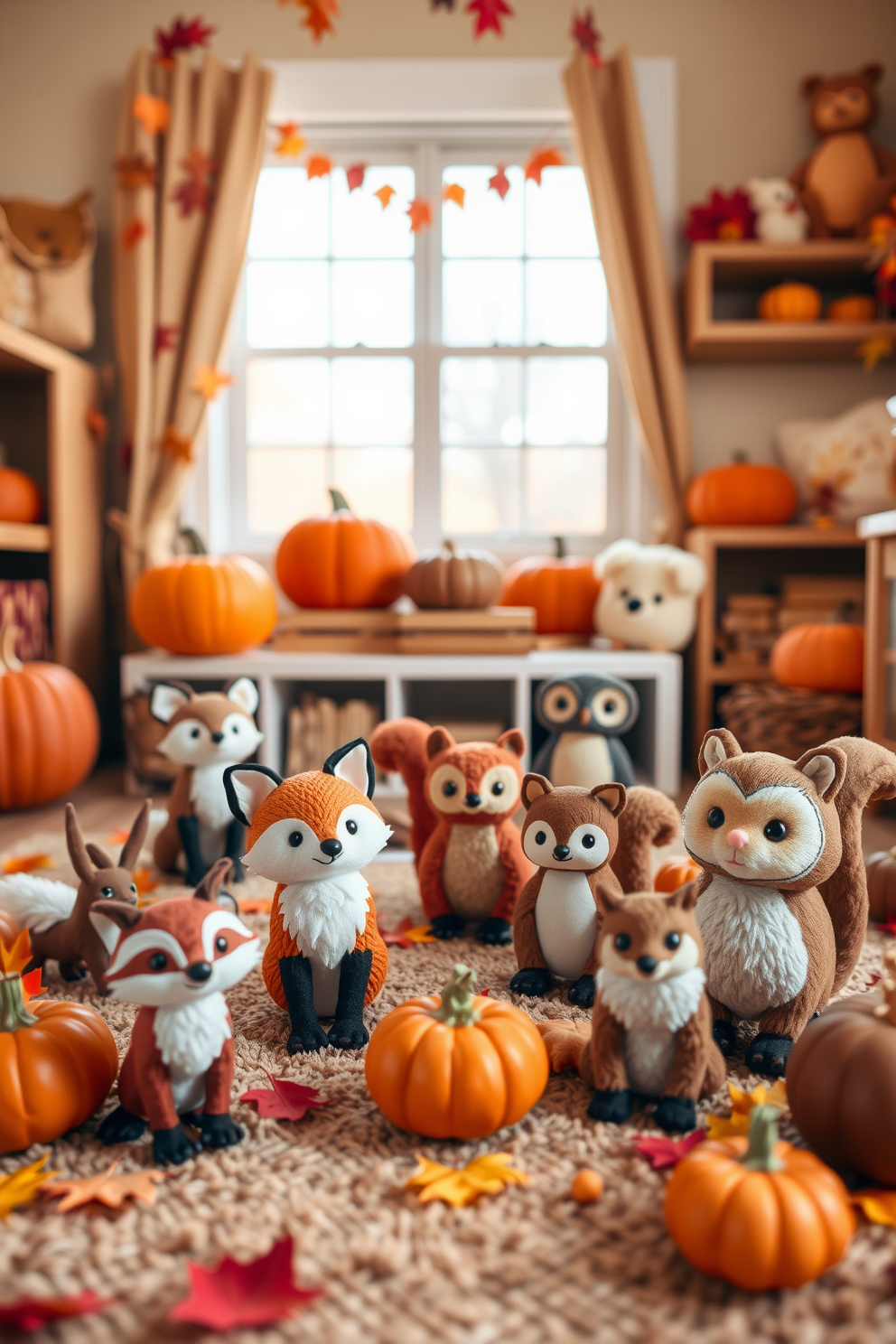 Cute animal figurines are scattered throughout a cozy playroom, each representing a beloved autumn creature like foxes, owls, and squirrels. The room is adorned with warm-toned decorations such as plush pumpkins and colorful leaves, creating a playful yet seasonal atmosphere.