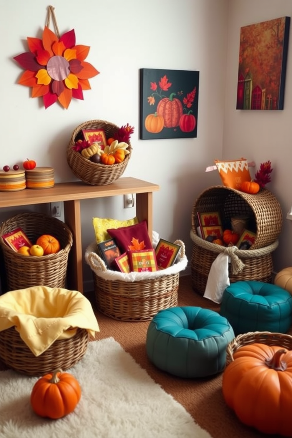 A cozy playroom adorned with decorative baskets filled with seasonal items. The room features a soft area rug and colorful wall art that reflects the vibrant hues of fall.