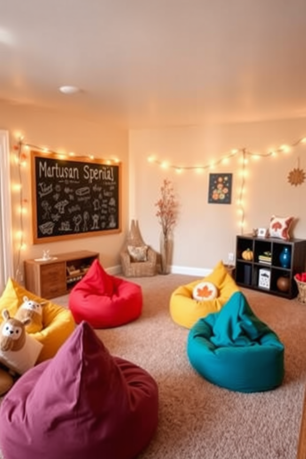 A cozy playroom designed for autumn creativity. The walls are painted in a warm beige tone, and one wall features a large chalkboard for children to draw seasonal artwork. Colorful bean bags are scattered around the room, providing comfortable seating for playtime. Decorative elements include string lights and autumn-themed cushions to enhance the festive atmosphere.