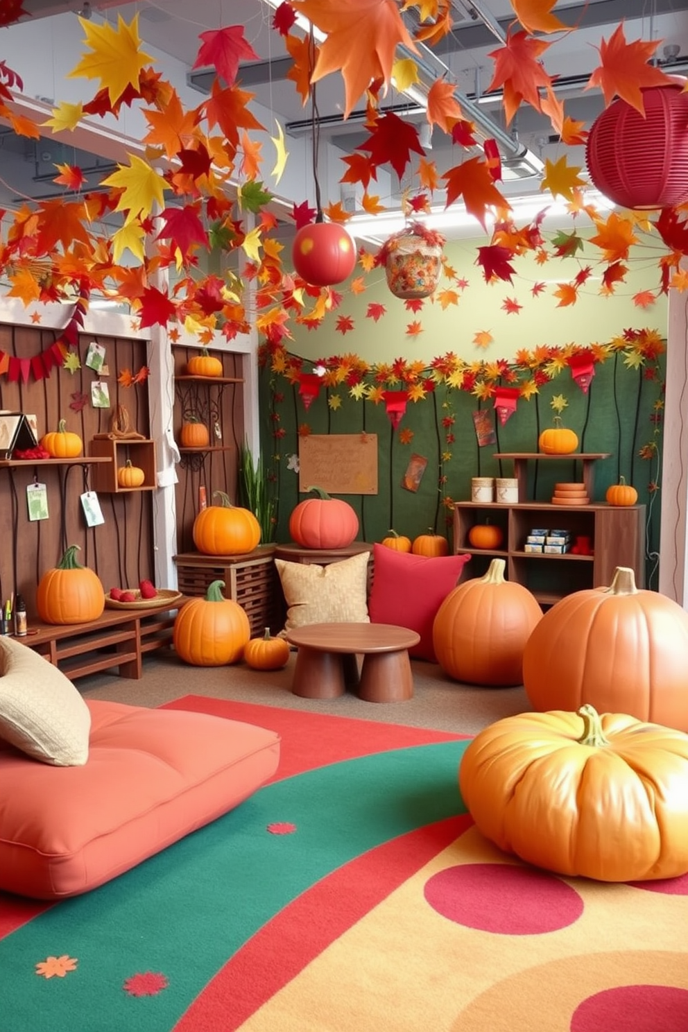 A vibrant play area inspired by a harvest festival. The space is adorned with colorful autumn leaves, pumpkins, and playful decorations that celebrate the season. Cozy seating options include soft cushions in warm hues and a large area rug that mimics the colors of fall. Interactive stations feature crafts and games that engage children in the spirit of the harvest.