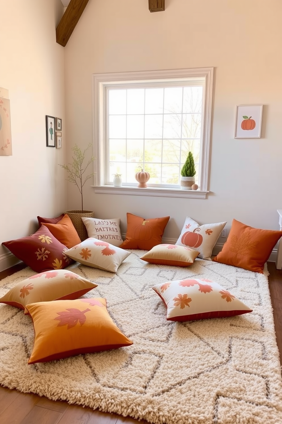 Cushions in warm fall colors are scattered across a plush area rug in a cozy playroom. The walls are painted in a soft cream hue, creating a bright and inviting atmosphere for children to play and explore. A large window allows natural light to flood the space, while playful artwork adorns the walls. The cushions feature various patterns like leaves and pumpkins, adding a seasonal touch to the decor.