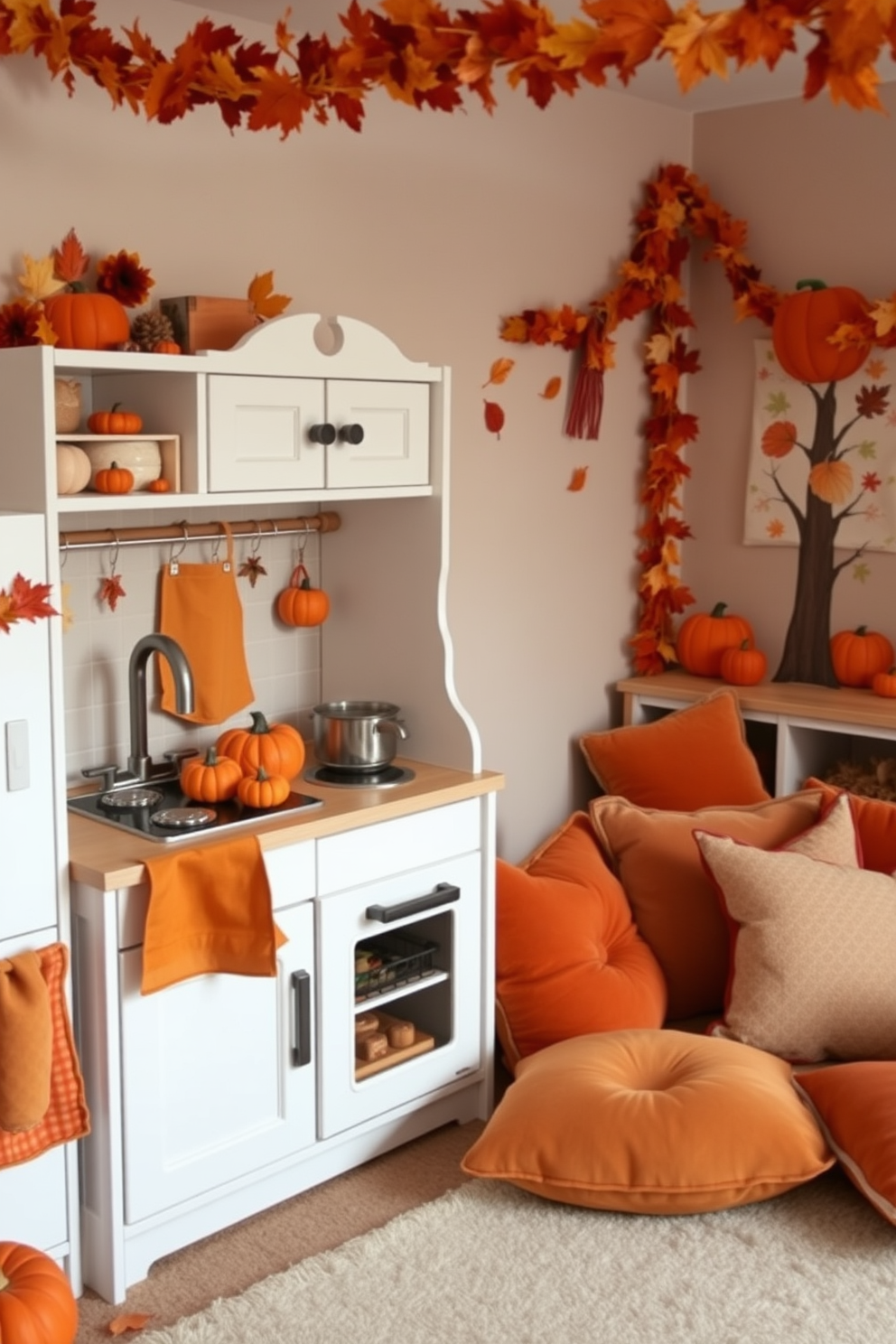 A cozy play kitchen adorned with fall-themed accessories. The countertops are decorated with miniature pumpkins and colorful autumn leaves, while a warm-toned apron hangs nearby. The playroom is transformed into a fall wonderland. Soft, plush cushions in rich oranges and browns invite children to sit, surrounded by garlands of leaves and cheerful autumn artwork on the walls.