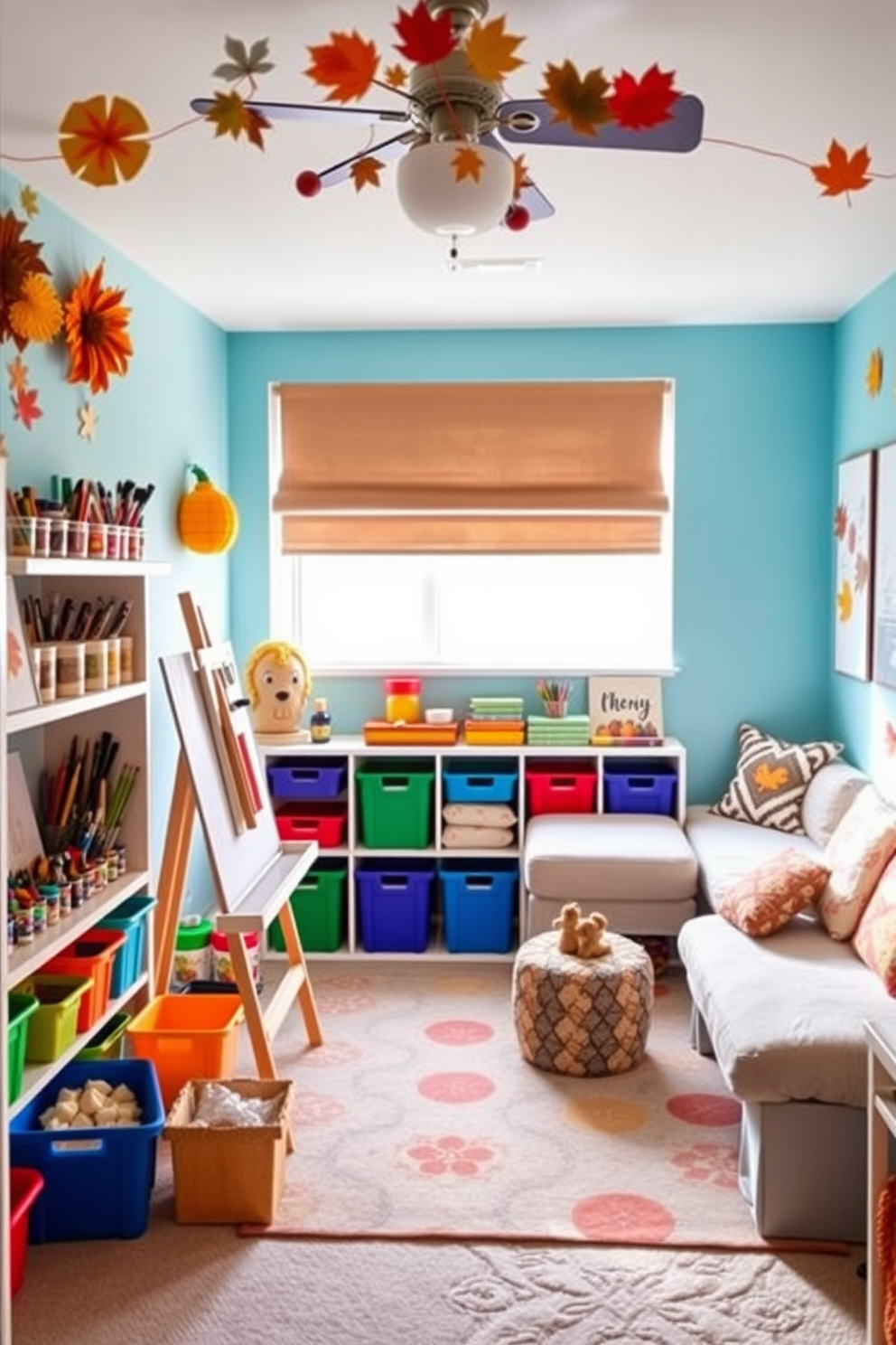 A vibrant playroom designed for seasonal painting activities. The room features a large art easel positioned near a window, allowing natural light to flood in and inspire creativity. Colorful storage bins filled with paints and brushes are neatly arranged on shelves, while a cozy reading nook with plush cushions invites kids to relax. The walls are adorned with cheerful autumn-themed decorations, creating a warm and inviting atmosphere for fall.