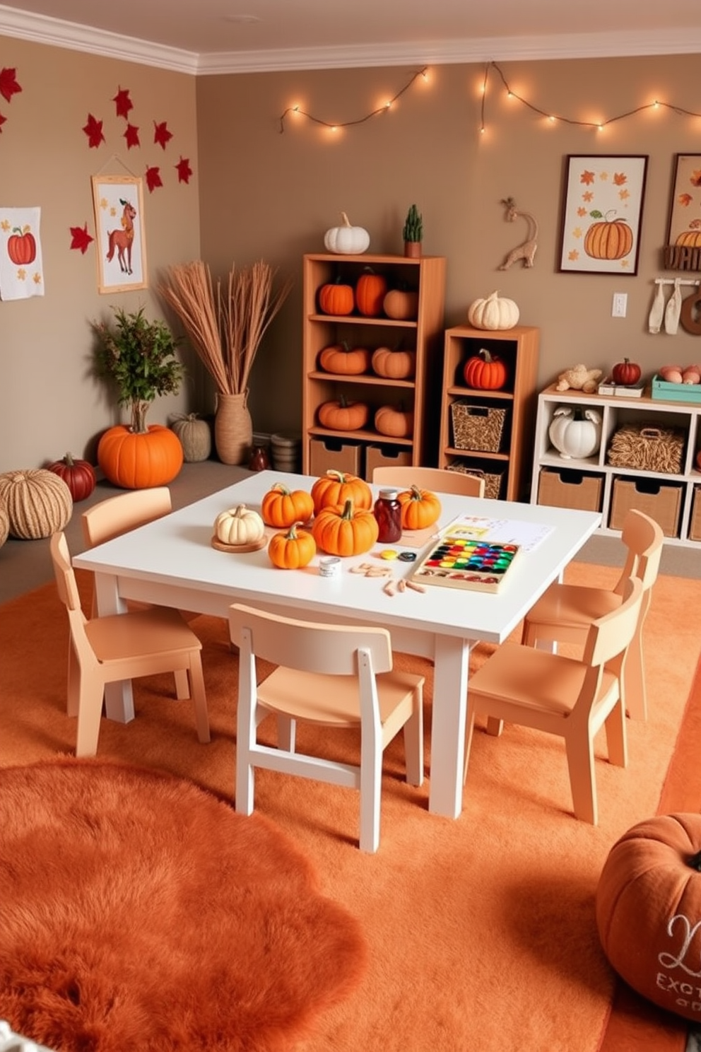 A cozy fall playroom is filled with vibrant colors of autumn. A large table is set up with various crafting supplies for mini pumpkin decorations, including orange and white pumpkins, paints, and glitter. Around the table, child-sized chairs in warm tones invite creativity and play. Soft, plush rugs in earth tones cover the floor, while wall decorations feature playful fall-themed artwork and string lights for a festive touch.