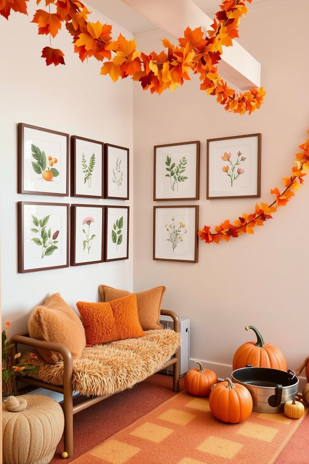 A nature walk art display area features a series of framed botanical prints arranged in a gallery style on a soft white wall. A comfortable seating nook with plush cushions and a small side table invites relaxation and contemplation of the artwork. The fall playroom is adorned with warm hues of orange and yellow, creating a cozy atmosphere. Playful decorations like leaf garlands and pumpkin accents enhance the seasonal theme while maintaining a fun and inviting space for children.