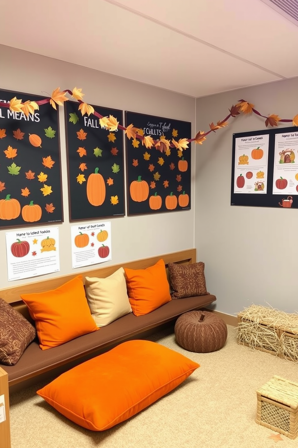 Create an inviting fall-themed playroom that inspires creativity and learning. The walls are adorned with interactive posters featuring autumn leaves, pumpkins, and educational content for children. Incorporate cozy seating areas with plush cushions in warm colors like orange and brown. Add playful decor elements such as garlands made of leaves and small hay bales to enhance the seasonal atmosphere.