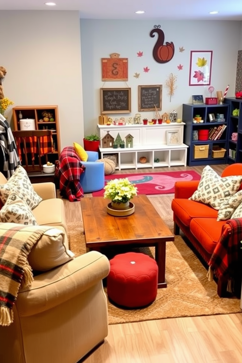 A cozy seating area adorned with warm plaid blankets draped over plush armchairs. The space features a rustic wooden coffee table surrounded by soft, inviting textures that create a welcoming atmosphere. A vibrant playroom designed for fall, filled with playful decor and seasonal accents. Colorful cushions and whimsical wall art complement the cheerful ambiance, making it a perfect space for creativity and fun.