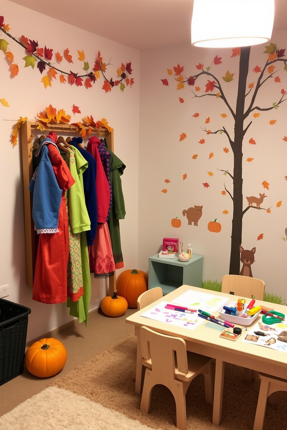 A cozy corner designed for seasonal dress-up with vibrant costumes hanging on a wooden rack. The area is adorned with colorful autumn leaves and pumpkins, creating a festive fall atmosphere. The playroom features a soft area rug and playful wall decals of woodland creatures. A small table is set up with art supplies for creative activities, inviting children to engage and explore their imagination.