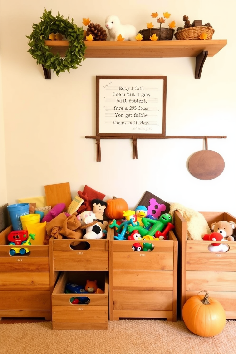 A cozy fall playroom features rustic wooden toy storage bins that blend seamlessly with the warm autumn color palette. The bins are filled with an assortment of colorful toys, creating an inviting and playful atmosphere for children.