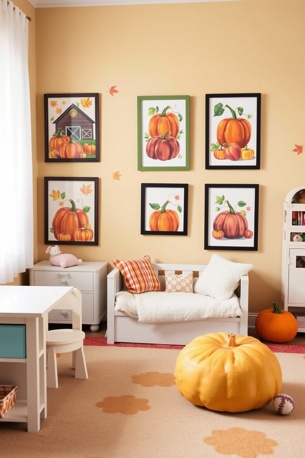 A cozy playroom adorned with harvest-themed wall art featuring vibrant pumpkins and autumn leaves. The walls are painted in warm beige, complemented by playful furniture in soft pastels and a large, comfortable rug. Colorful prints of farm scenes and seasonal fruits are framed and hung at child-friendly heights. A reading nook with plush cushions invites little ones to enjoy storytime surrounded by the festive decor.