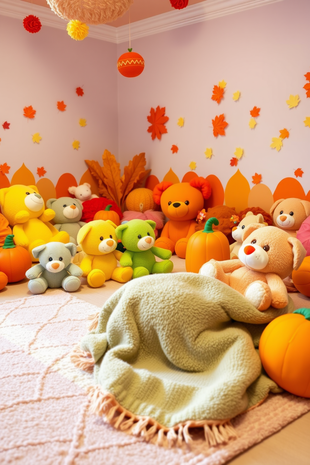 A vibrant playroom filled with colorful fall-themed plush toys. The walls are adorned with warm autumn colors, and cozy blankets are draped over a soft rug.