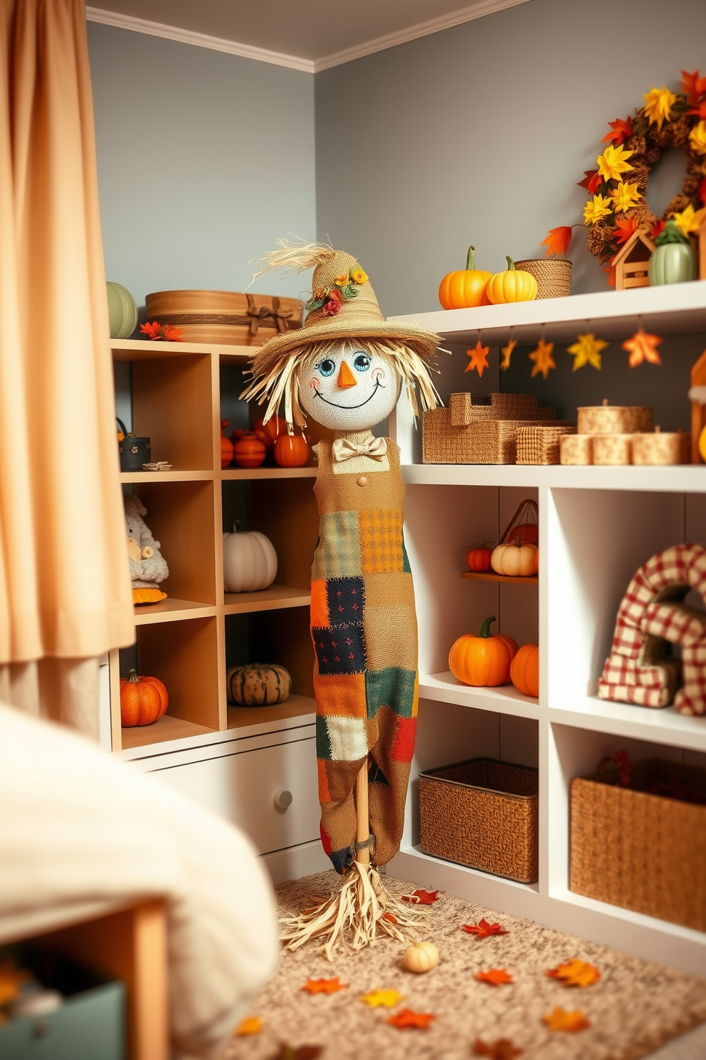 A charming DIY scarecrow figure stands in the corner of a cozy playroom. Made from burlap and straw, it features a painted smiley face and colorful patchwork clothing that adds a whimsical touch to the fall decor. The playroom is adorned with playful fall-themed decorations, including miniature pumpkins and autumn leaves scattered across the shelves. Soft, warm lighting creates an inviting atmosphere, perfect for creative play and seasonal celebrations.