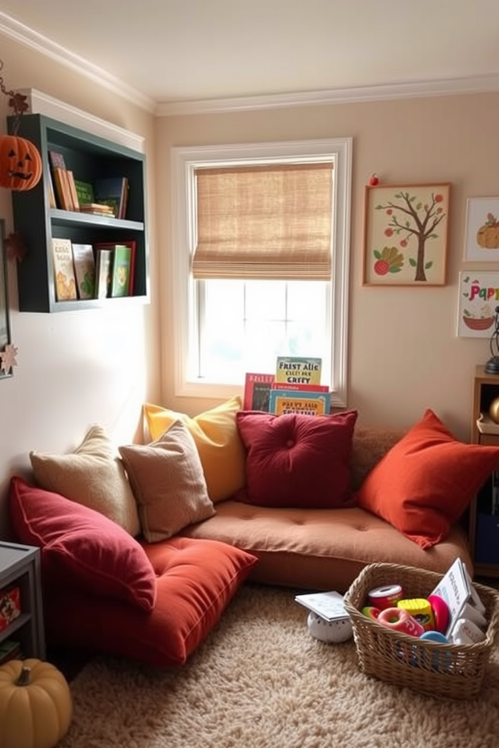 A cozy seasonal storytime nook is created with an assortment of plush cushions in warm autumn hues. Soft lighting filters through a nearby window, illuminating a small bookshelf filled with colorful children's books. Surrounding the nook, playful decor features whimsical fall-themed artwork and a plush rug that invites children to sit and read. A small table holds a basket of seasonal crafts, encouraging creativity and seasonal play.