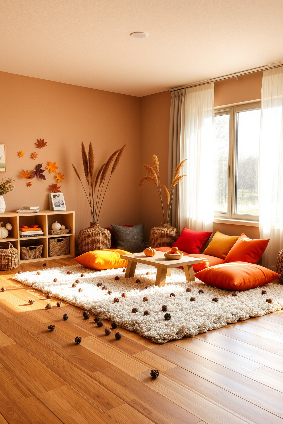 A cozy playroom filled with natural elements inspired by fall. Soft earth-toned walls complement a floor covered in warm wooden planks, while decorative pinecones and acorns are scattered across a plush area rug. Brightly colored cushions are arranged around a low wooden table, inviting children to gather for creative activities. A large window lets in ample sunlight, framed by sheer curtains that flutter gently in the breeze.