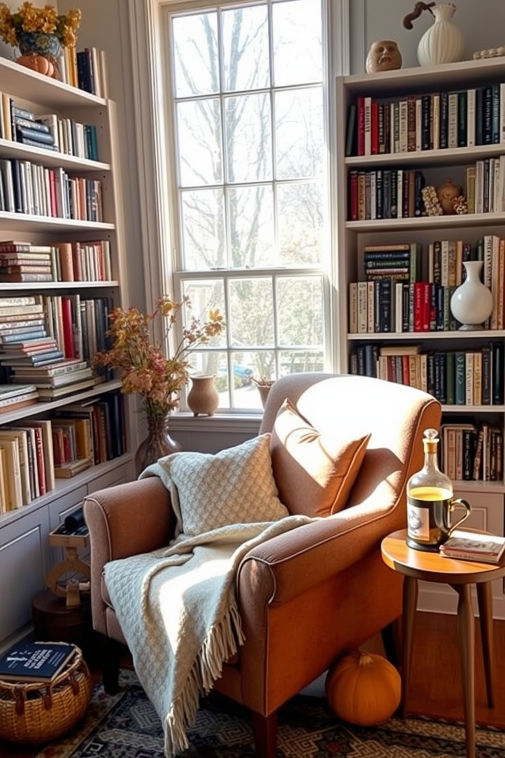 A cozy armchair is positioned near a large window, allowing natural light to flood the space. A soft throw blanket drapes over the armrest, inviting you to curl up with a good book. Surrounding the armchair are shelves filled with an array of novels and decorative items. A small side table holds a steaming cup of tea, creating the perfect ambiance for a fall reading nook.