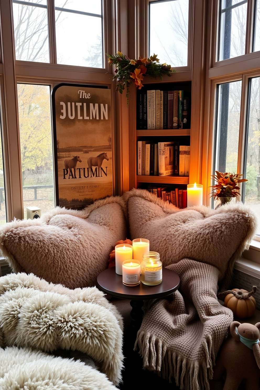 A cozy reading nook adorned with plush cushions and a soft throw blanket invites relaxation. A collection of scented candles in various sizes rests on a small side table, casting a warm glow and filling the space with delightful fragrances. The nook is framed by large windows that allow natural light to flood in, enhancing the inviting atmosphere. A bookshelf filled with autumn-themed novels and decorative items adds character and charm to the space.