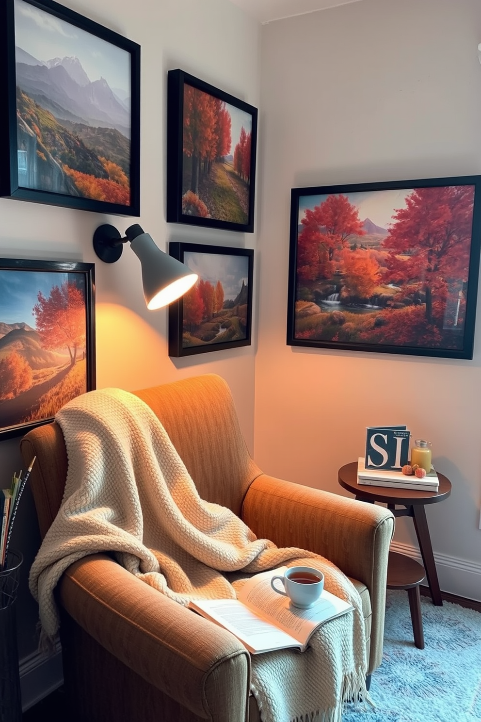 A cozy reading nook adorned with wall art featuring vibrant autumn landscapes. The space includes a plush armchair draped with a soft blanket and a small side table holding a steaming cup of tea. The walls are decorated with framed prints of rich fall colors, such as oranges, reds, and yellows. A warm, ambient light from a nearby lamp creates an inviting atmosphere perfect for curling up with a good book.