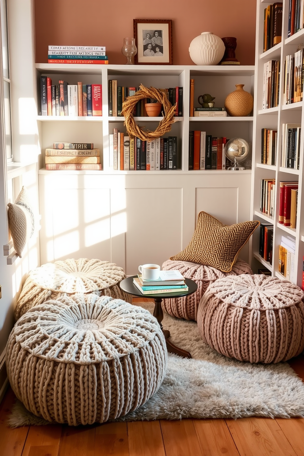 A cozy reading nook featuring knitted poufs for casual seating. The space is adorned with warm, earthy tones and soft lighting to create an inviting atmosphere. A plush area rug anchors the nook, while a small side table holds a stack of books and a steaming cup of tea. Surrounding the area are shelves filled with books and decorative accents, enhancing the relaxed vibe.