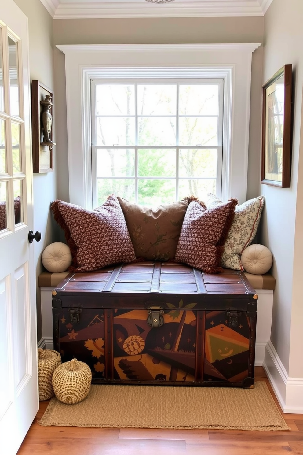 A cozy reading nook featuring a vintage trunk that serves as hidden storage. Soft, plush cushions are arranged on a window seat, creating an inviting space for fall reading.