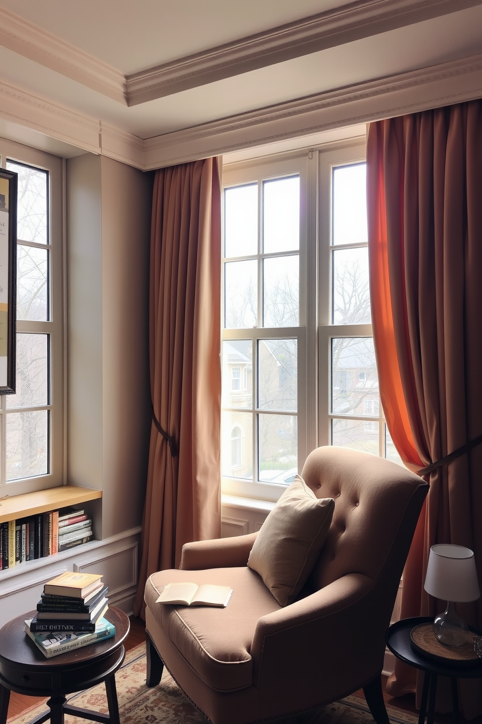 A cozy reading nook with soft curtains in warm tones drapes elegantly over a large window. A plush armchair is positioned near a small side table, inviting relaxation with a stack of books and a steaming cup of tea.