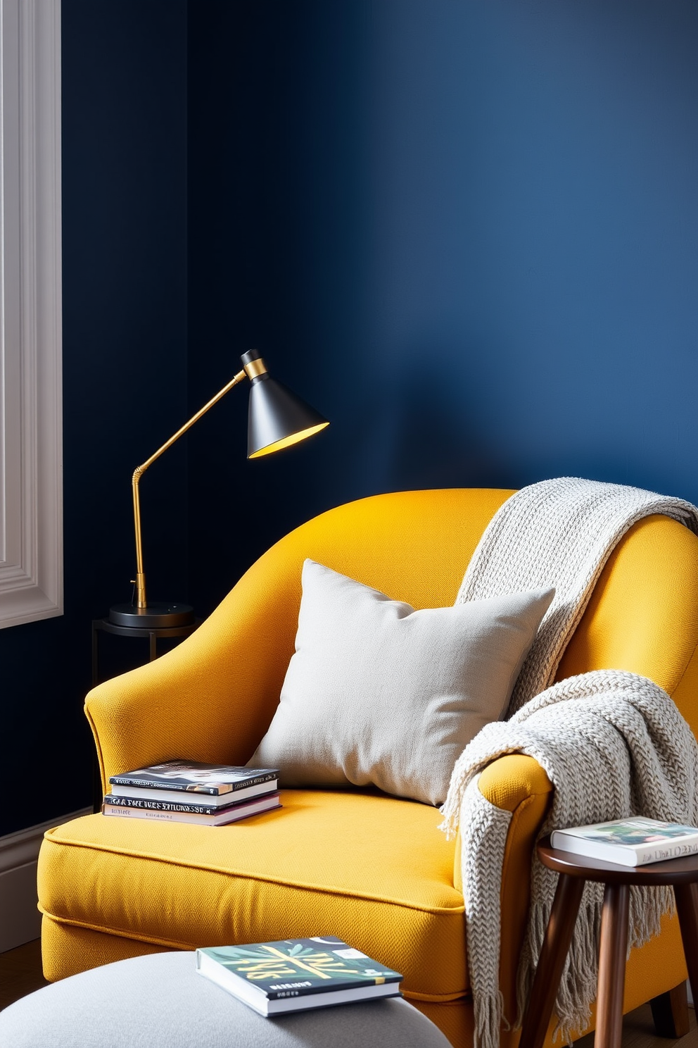 A cozy reading nook featuring a plush armchair in a warm mustard yellow fabric. Next to the chair, a sleek reading lamp with adjustable brightness stands on a small wooden side table. The walls are adorned with a rich, deep blue hue, creating a calming atmosphere. A soft, textured throw blanket drapes over the arm of the chair, and a stack of books rests on the table beneath the lamp.