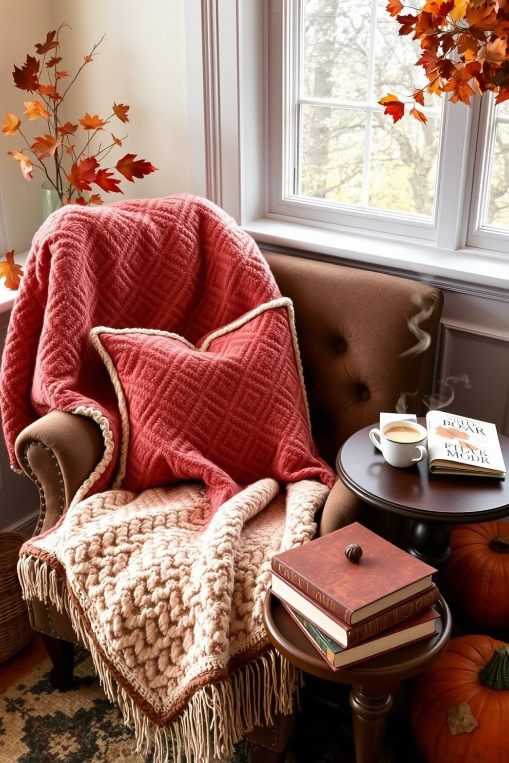 A cozy reading nook adorned with a plush quilted throw draped over a comfortable armchair. The space is filled with warm autumn colors, featuring a small side table stacked with seasonal books and a steaming cup of tea.