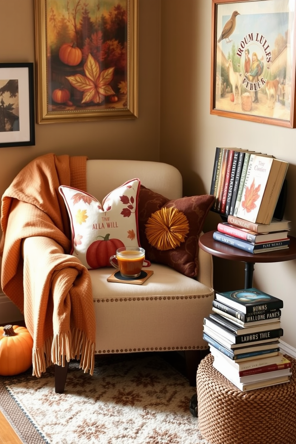 Create a cozy reading nook designed for fall with personalized bookends that reflect individual character and style. The nook features a plush armchair draped with a warm throw blanket, surrounded by an array of colorful autumn-themed decorative pillows. Incorporate a small side table with a steaming cup of cider and a stack of favorite books. The walls are adorned with warm-toned artwork, and a soft rug lies beneath to enhance comfort and warmth in the space.