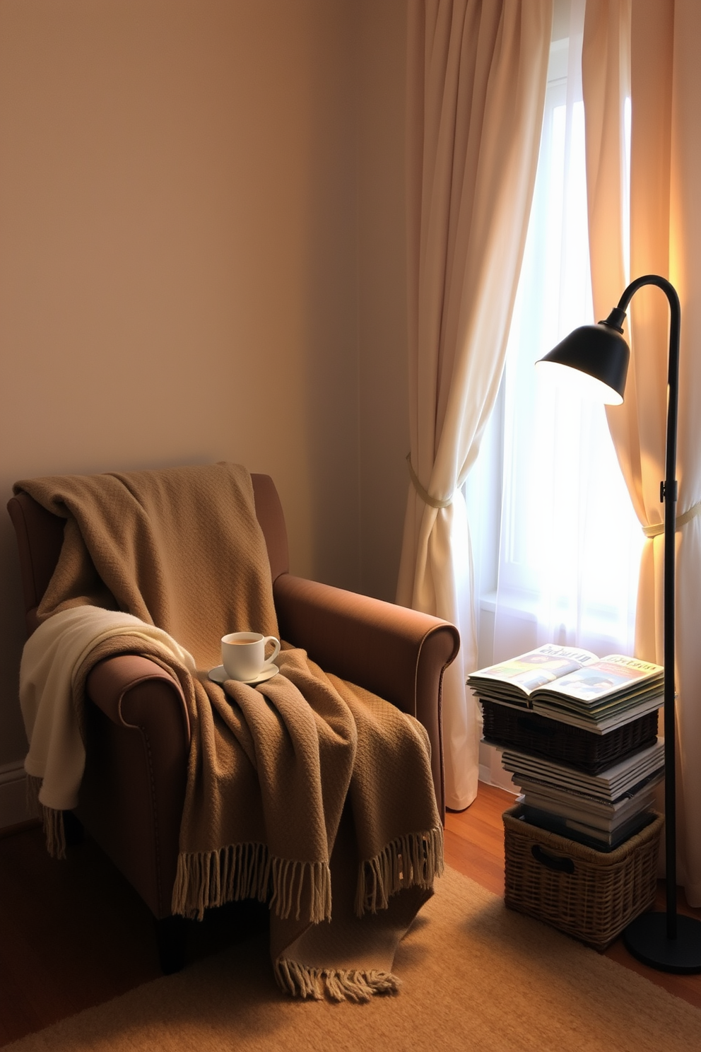 A cozy reading nook featuring a comfortable armchair draped with a soft throw blanket. Next to the chair, a small side table holds a steaming cup of tea and a stack of magazines nestled in woven baskets for organization. The nook is illuminated by a warm floor lamp that casts a gentle glow. A nearby window is adorned with sheer curtains, allowing natural light to filter in and enhance the inviting atmosphere.