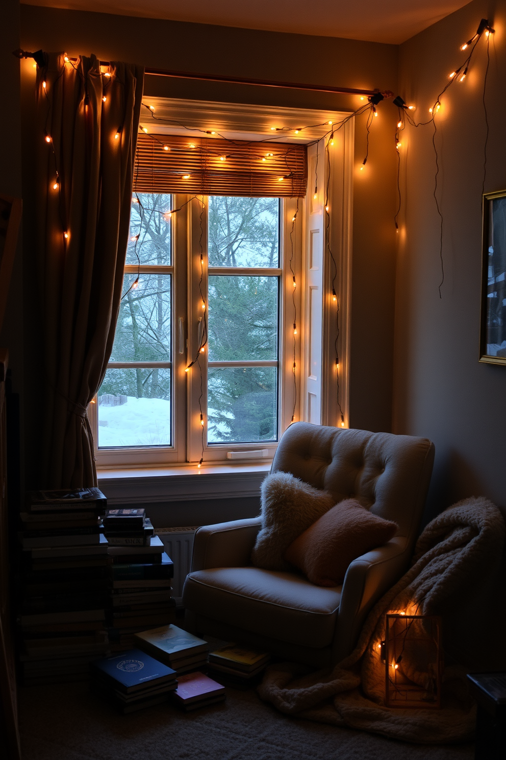 A cozy reading nook with warm lighting created by string fairy lights draped around the window. A plush armchair sits in the corner, surrounded by stacked books and soft blankets, inviting relaxation and comfort.