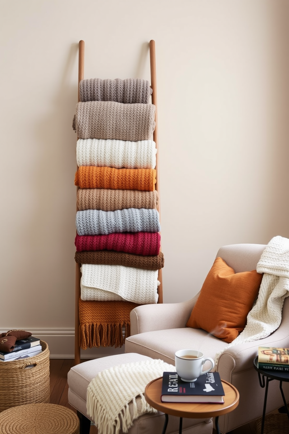 A cozy blanket ladder stands elegantly against a soft beige wall, showcasing an array of textured throws in warm autumn colors. Nearby, a plush armchair with a knitted throw invites relaxation, surrounded by a small side table holding a steaming cup of tea and a stack of favorite novels.