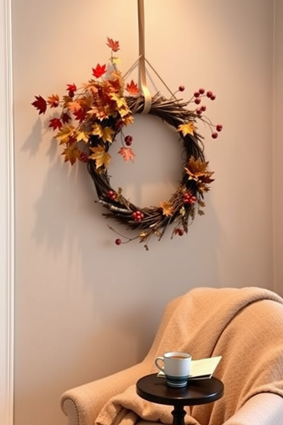 A seasonal wreath adorned with autumn leaves and berries hangs gracefully on the wall, bringing a touch of warmth to the space. Below the wreath, a cozy reading nook invites relaxation, featuring a plush armchair draped in a soft blanket and a small side table holding a steaming cup of tea.