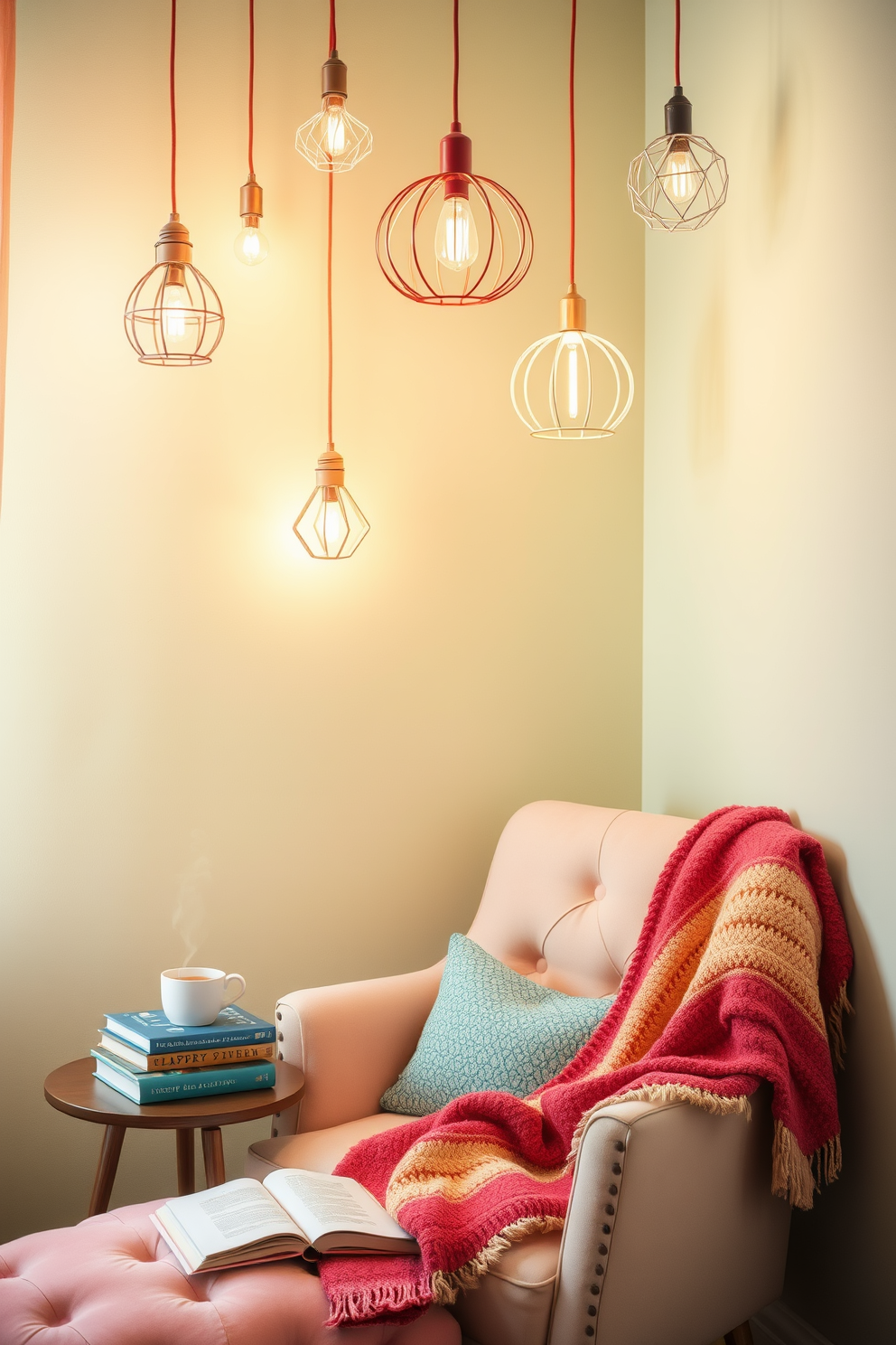 A cozy reading nook is adorned with a plush armchair in soft pastel hues. Above, whimsical hanging lights in various shapes create a warm and inviting atmosphere. The nook features a small side table with a stack of books and a steaming cup of tea. A colorful throw blanket drapes over the armchair, inviting you to curl up and enjoy a good read.