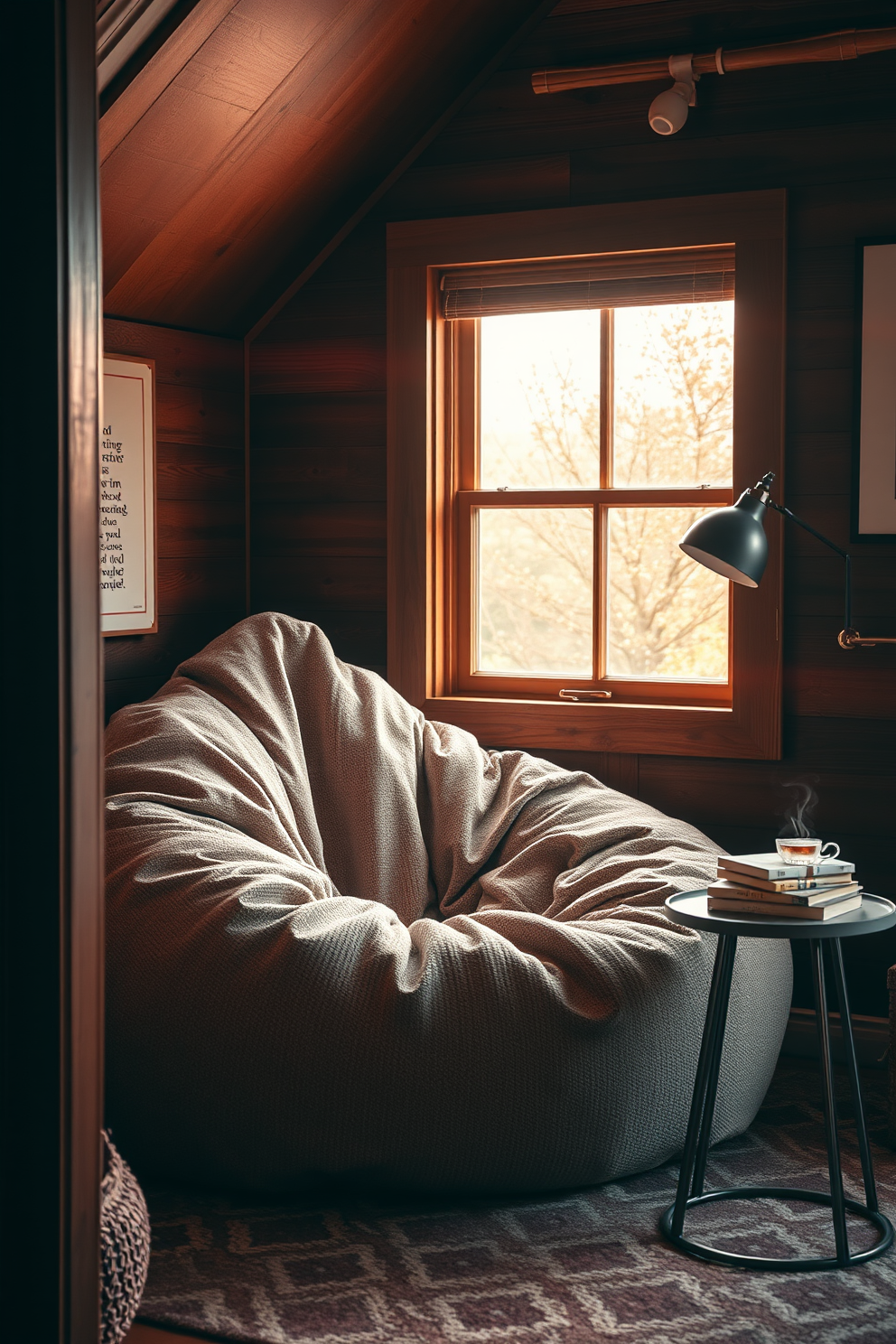 A cozy reading nook featuring a large comfortable bean bag chair in a soft, textured fabric. The nook is illuminated by warm, natural light streaming in through a nearby window, with a small side table holding a stack of books and a steaming cup of tea.