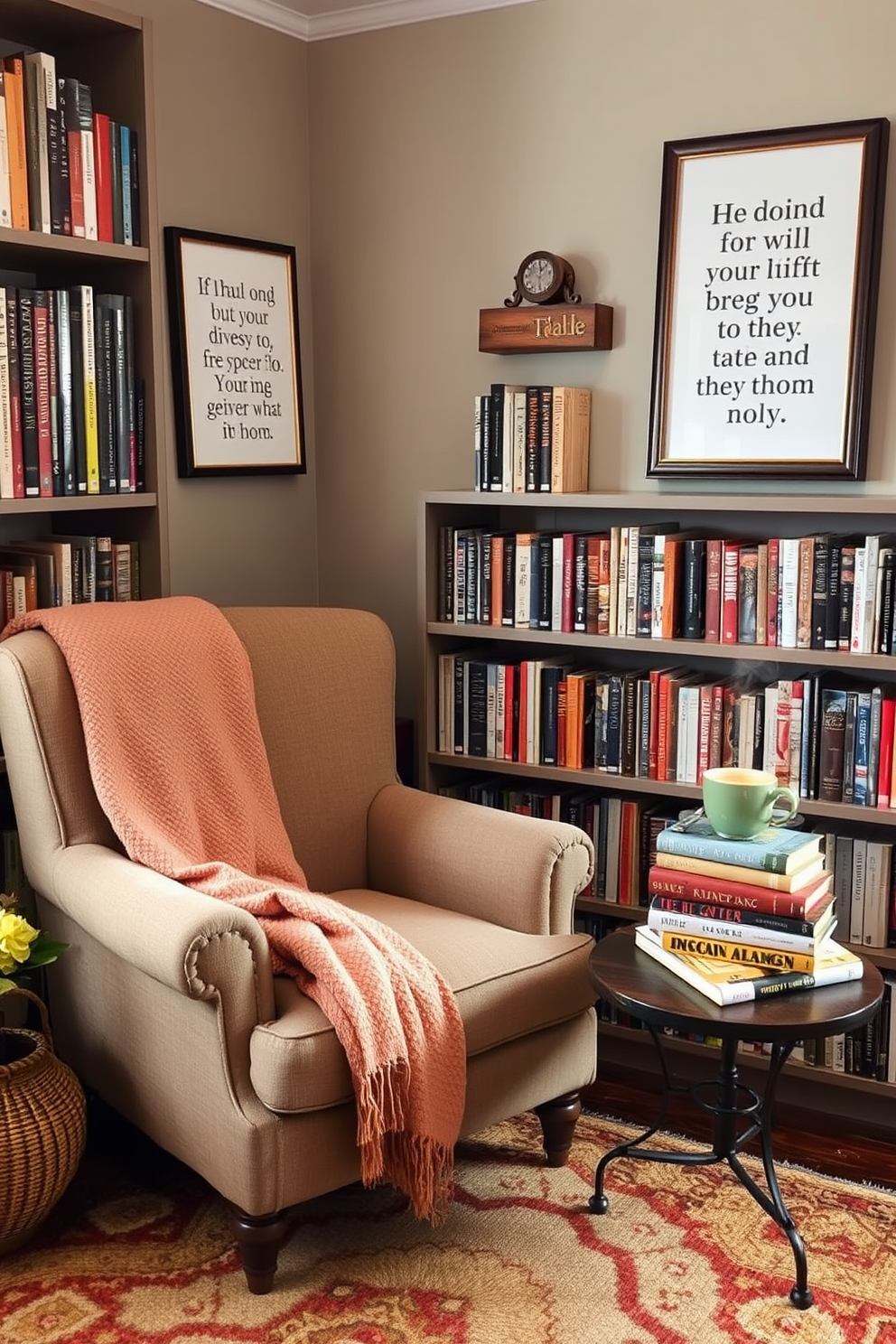 A cozy reading nook featuring a comfortable armchair upholstered in soft fabric. Surrounding the nook are shelves filled with an array of books, and framed quotes about reading are elegantly displayed on the walls. A warm throw blanket is draped over the armchair, inviting relaxation. A small side table holds a steaming cup of tea and a stack of favorite novels, creating the perfect autumn atmosphere.