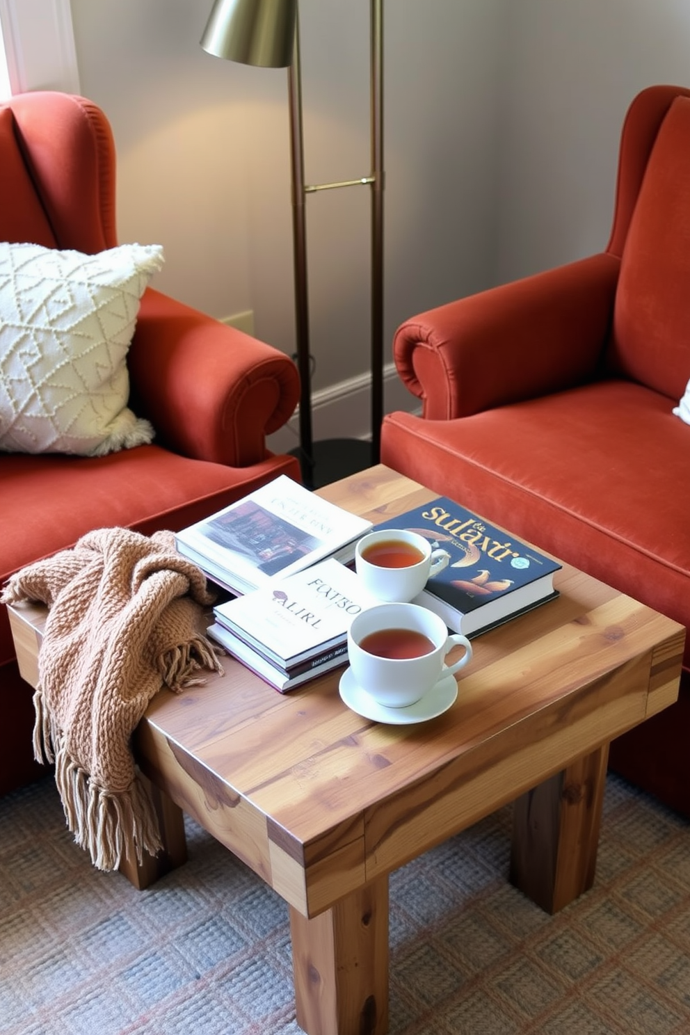 A cozy fall reading nook featuring a small coffee table made of reclaimed wood. The table is adorned with a stack of books, a warm throw blanket, and a steaming cup of tea. Surrounding the table are plush armchairs upholstered in rich, autumnal colors. Soft lighting from a nearby floor lamp creates an inviting atmosphere perfect for curling up with a good book.