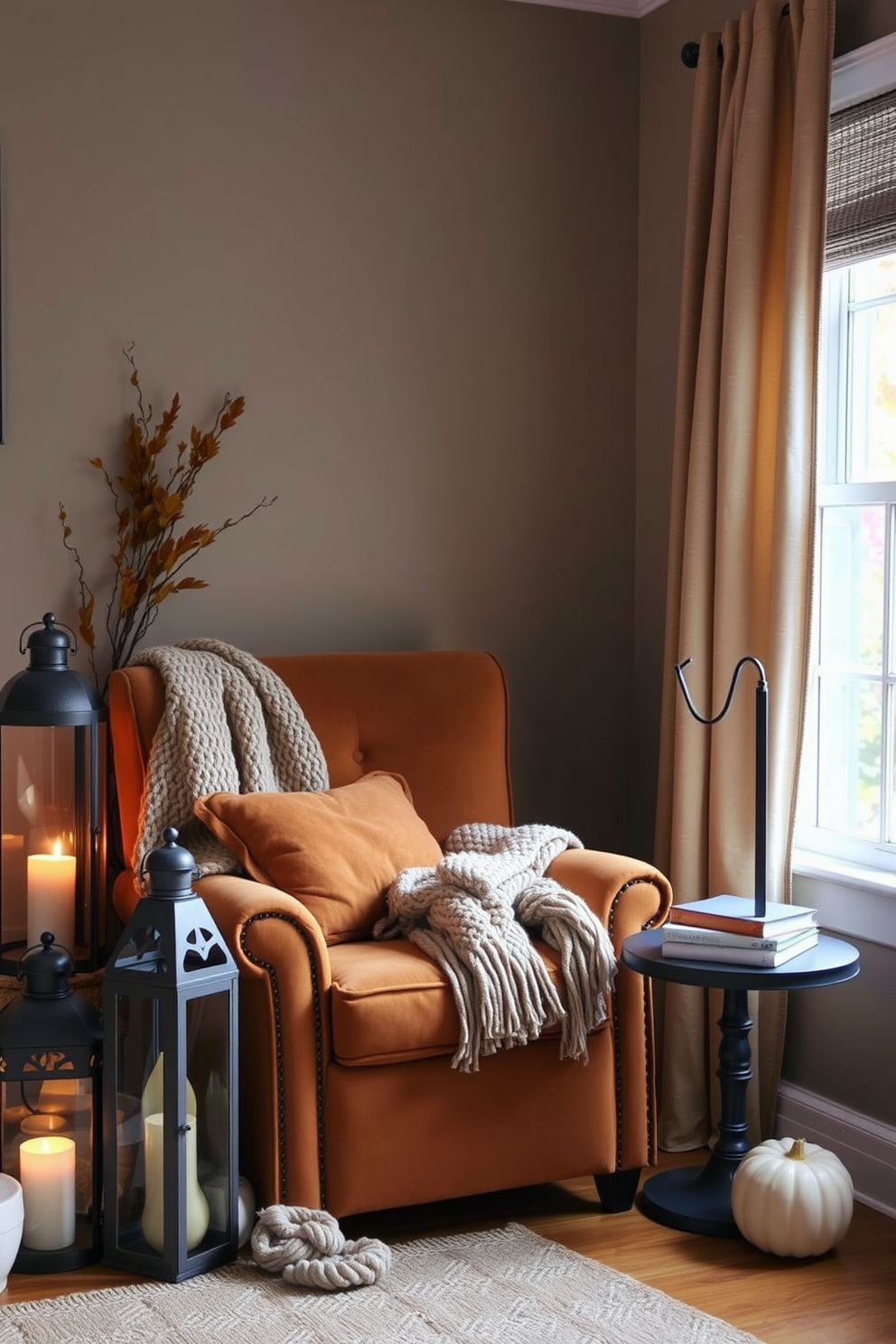 A cozy reading nook featuring a plush armchair upholstered in warm, earthy tones. Surrounding the nook are decorative lanterns casting soft, ambient light, creating an inviting atmosphere for fall evenings. The nook is adorned with a chunky knit throw draped over the armchair and a small side table holding a stack of seasonal books. A nearby window offers a view of colorful autumn leaves, enhancing the serene vibe of the space.