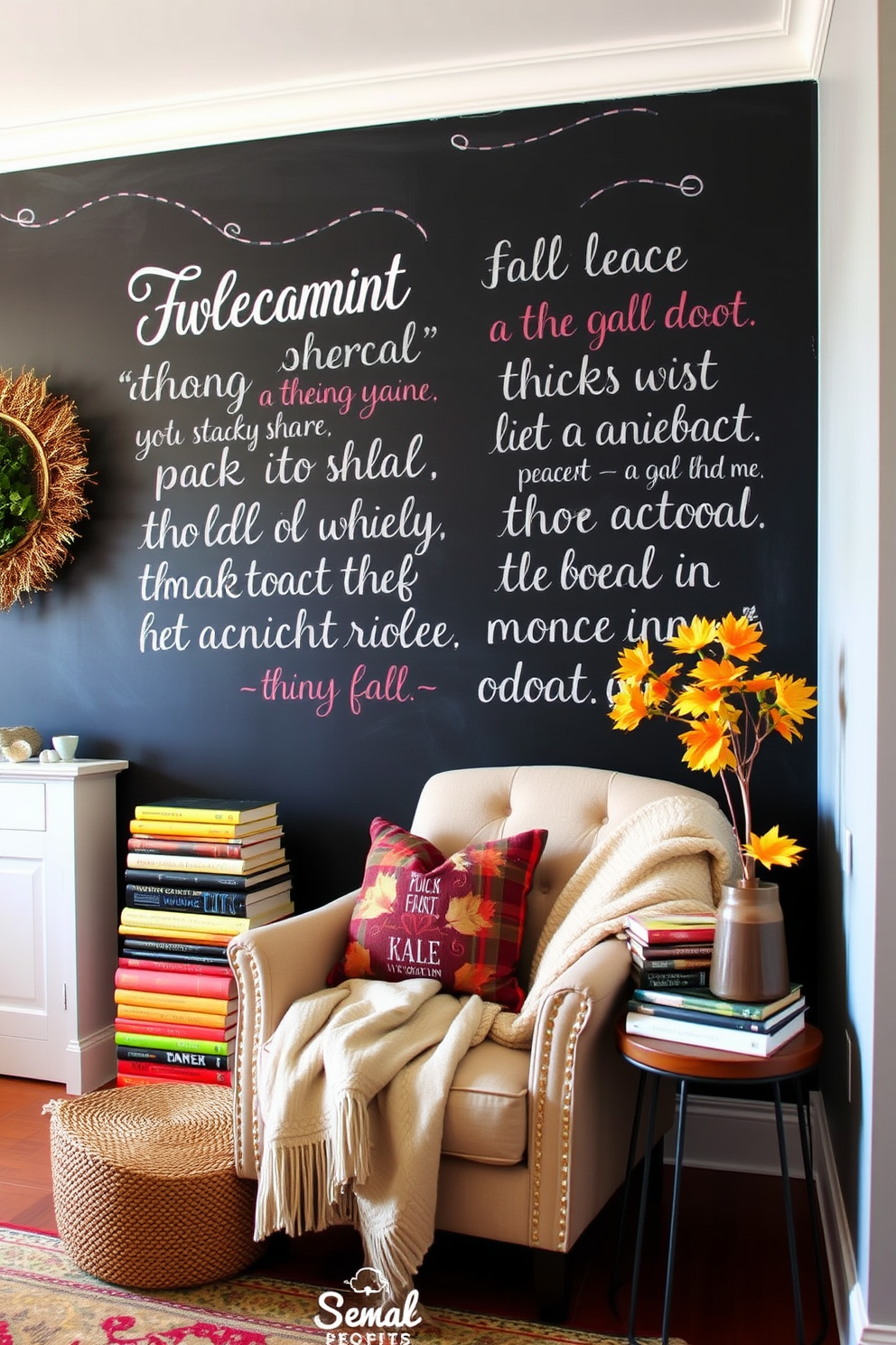 A cozy reading nook with a chalkboard wall dedicated to seasonal quotes. The space features a comfortable armchair draped with a soft blanket, surrounded by stacks of colorful fall-themed books and a small side table for a warm beverage.