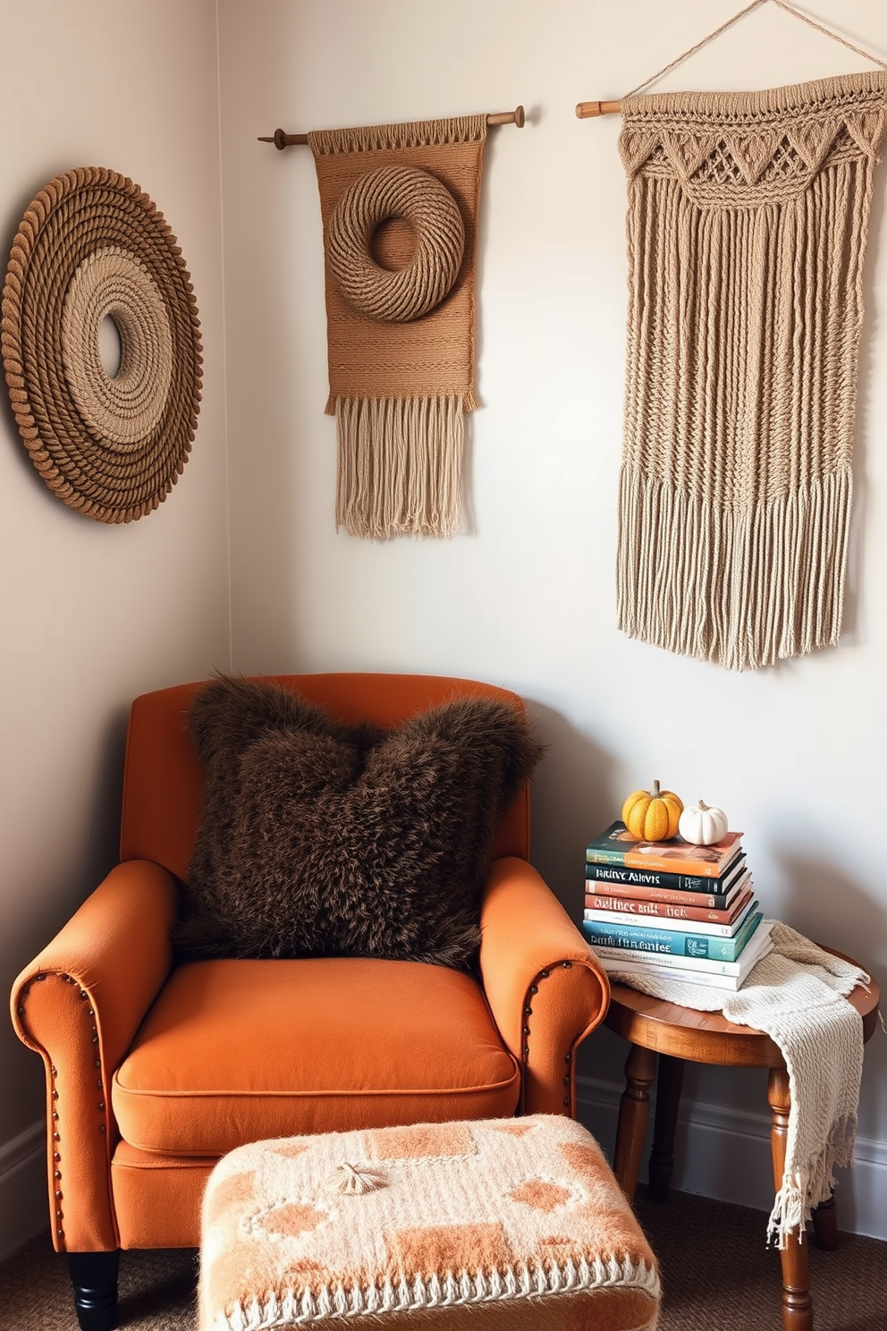 A cozy reading nook is adorned with textured wall hangings that add depth and visual interest. A plush armchair in warm tones is positioned beside a small wooden side table stacked with autumn-themed books and a soft throw blanket.