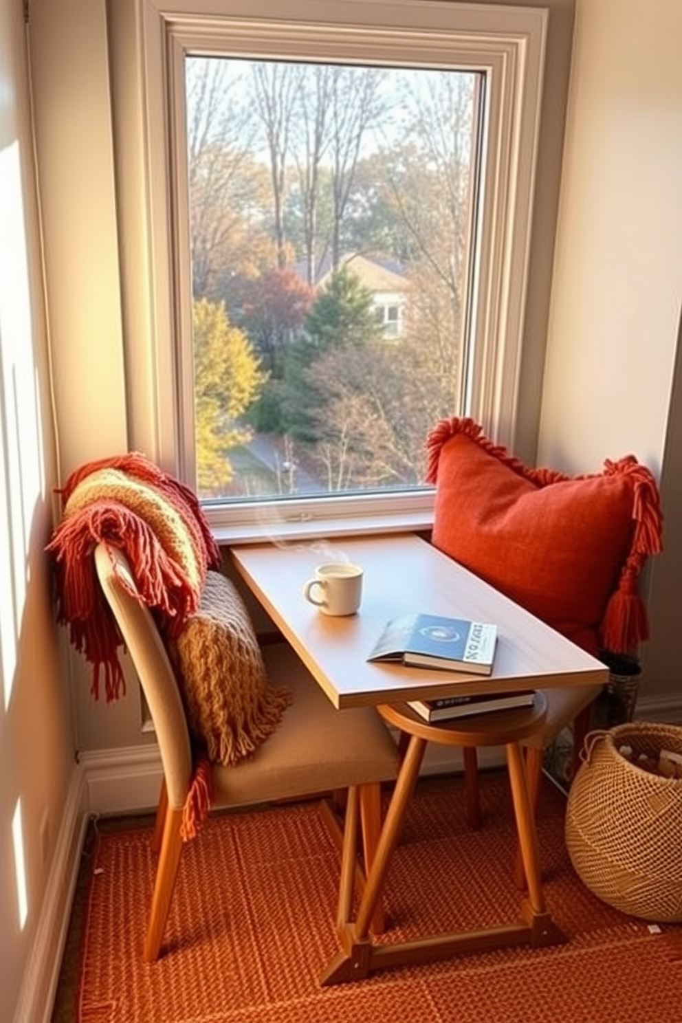 A small writing desk positioned by a window offers a serene view of the outdoors. The desk is made of light wood with a minimalist design, complemented by a comfortable chair upholstered in soft fabric. The fall reading nook is adorned with cozy blankets and plush cushions in warm autumn colors. A small side table holds a steaming cup of tea and a stack of seasonal books, creating an inviting atmosphere for relaxation.