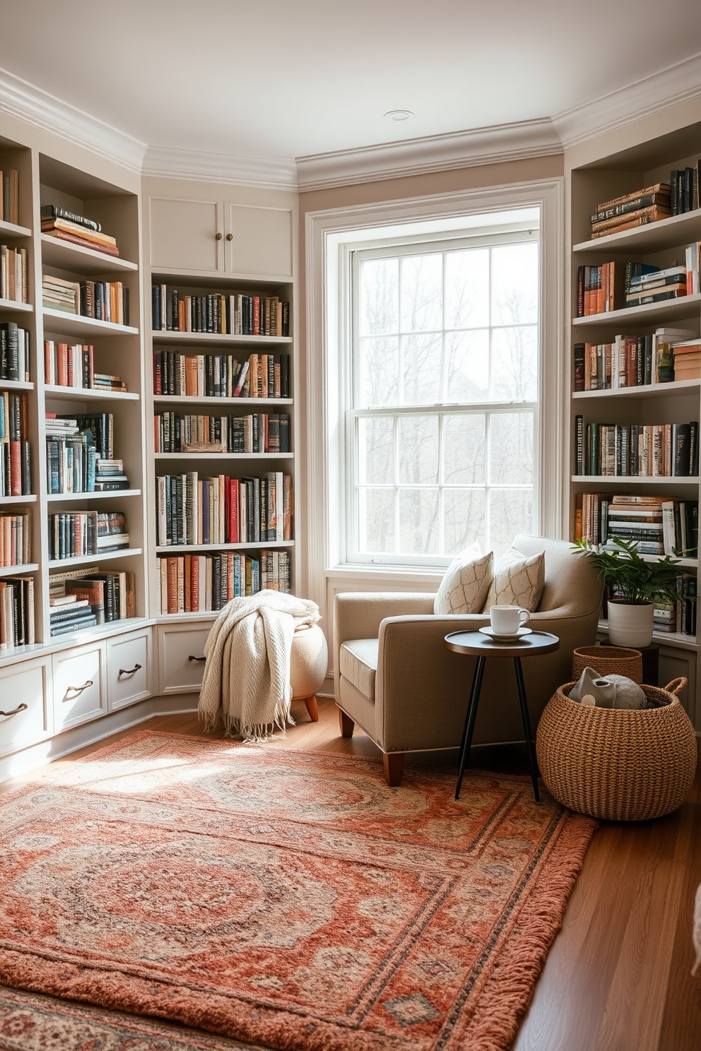 A cozy reading nook is adorned with layered rugs that add warmth and texture to the space. The nook features a plush armchair in a soft fabric, surrounded by shelves filled with books and a small side table for a steaming cup of tea. The walls are painted in a soothing pastel hue, creating a serene atmosphere perfect for fall reading. A large window lets in natural light, while a throw blanket and decorative pillows invite comfort and relaxation.