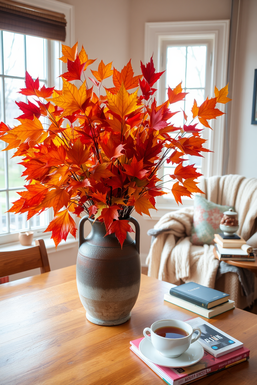 Colorful autumn leaves in a vase are arranged in a rustic ceramic container, bringing warmth and vibrancy to the space. The leaves showcase shades of red, orange, and yellow, creating a stunning focal point on a wooden dining table. The fall reading nook features a cozy armchair draped with a soft knitted blanket, inviting relaxation. A small side table holds a steaming cup of tea and a stack of novels, while a nearby window allows natural light to illuminate the space.