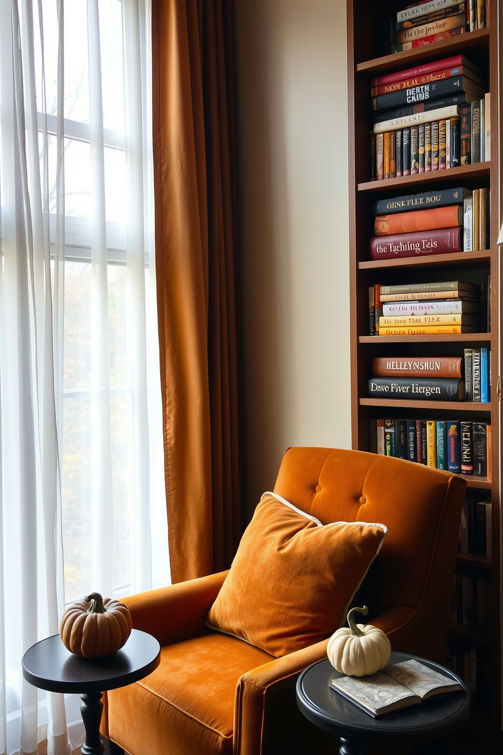 A cozy reading nook adorned with a plush armchair in warm earth tones. The nook features a large window with soft sheer curtains allowing natural light to illuminate the space. To the side, a tall bookshelf is filled with seasonal novels, showcasing vibrant book covers that reflect the autumn theme. A small side table holds a steaming cup of tea and a decorative pumpkin, enhancing the inviting atmosphere.