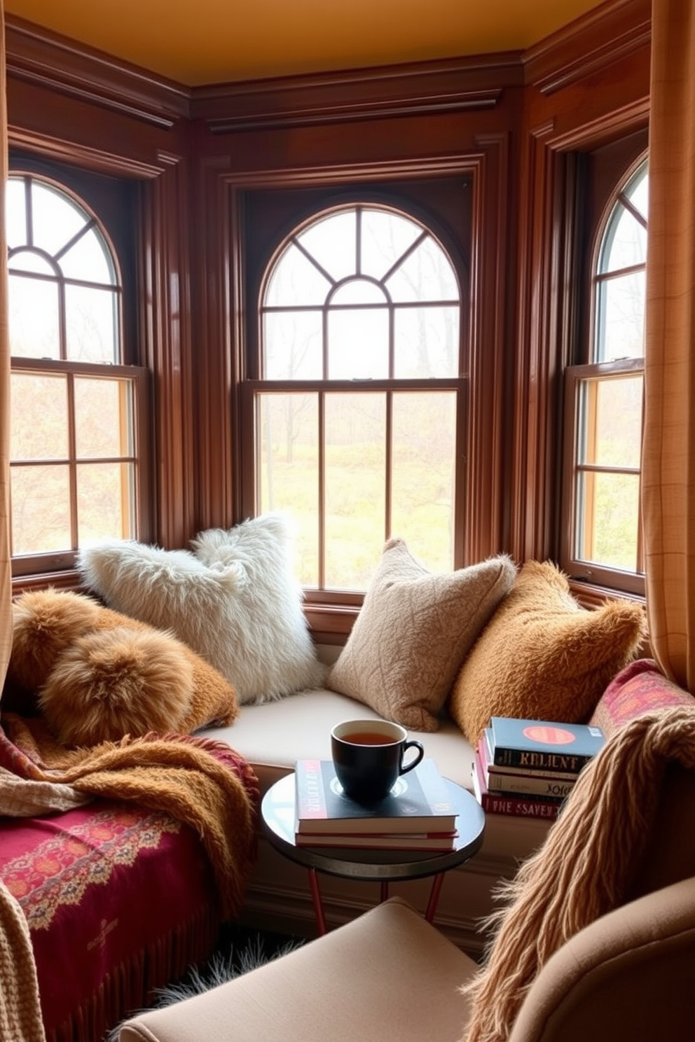 A cozy window seat adorned with plush cushions invites relaxation and comfort. The space is filled with warm, natural light, creating an ideal atmosphere for enjoying a good book. Surrounding the window seat, soft throws and decorative pillows enhance the inviting feel. A small side table holds a steaming cup of tea and a stack of favorite novels, perfect for a fall reading nook.