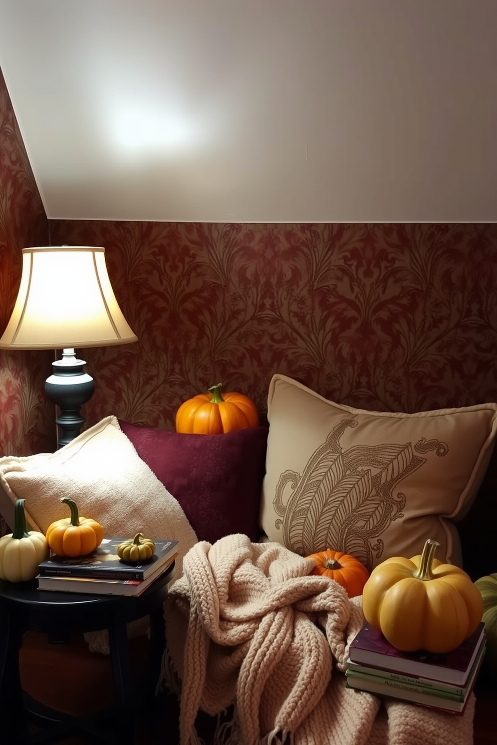 A cozy reading nook adorned with decorative pumpkins in various sizes and colors. Plush cushions and a soft throw blanket create an inviting atmosphere, while a warm-toned lamp casts a gentle glow over the space. A small side table holds a stack of autumn-themed books, inviting leisurely reading. The backdrop features a rich, earthy wallpaper that complements the seasonal decor, enhancing the overall charm of the nook.