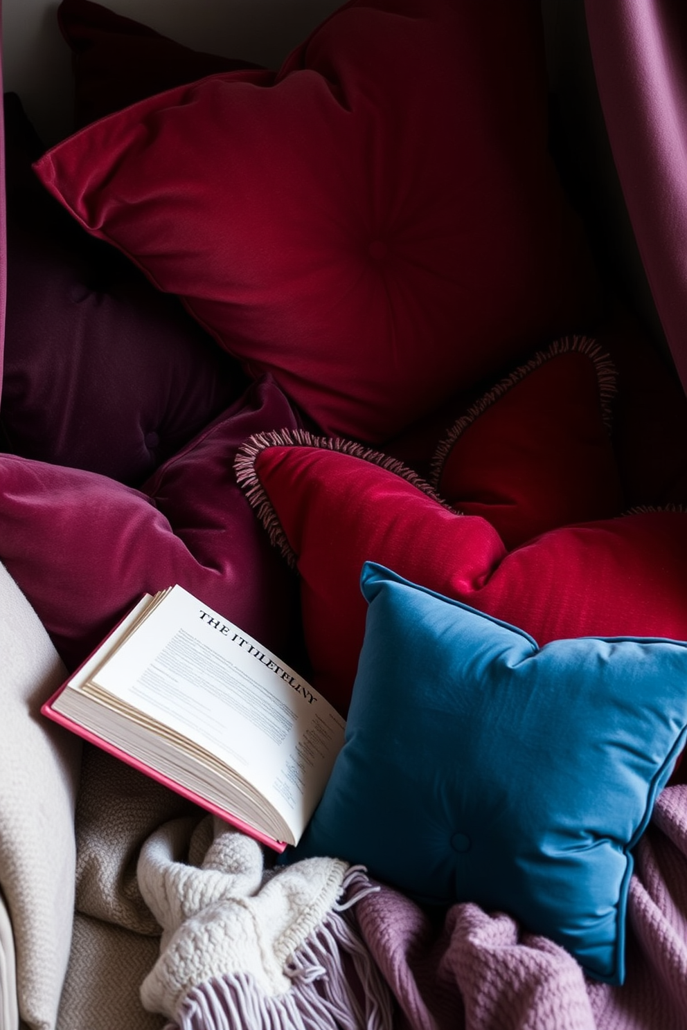 A cozy reading nook adorned with rich colored pillows in deep hues creates an inviting atmosphere. Soft textures and layered fabrics enhance the comfort, inviting one to sink in with a good book.