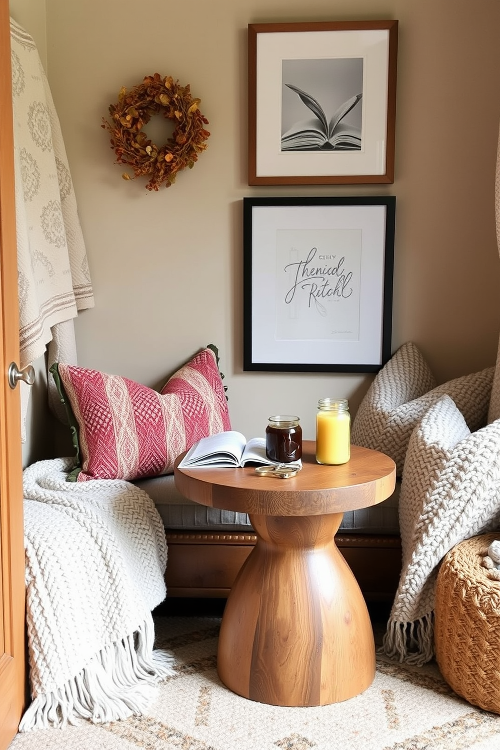 A cozy fall reading nook features a wooden side table perfect for drinks and snacks. The nook is adorned with soft blankets and plush cushions, creating an inviting atmosphere for relaxation.