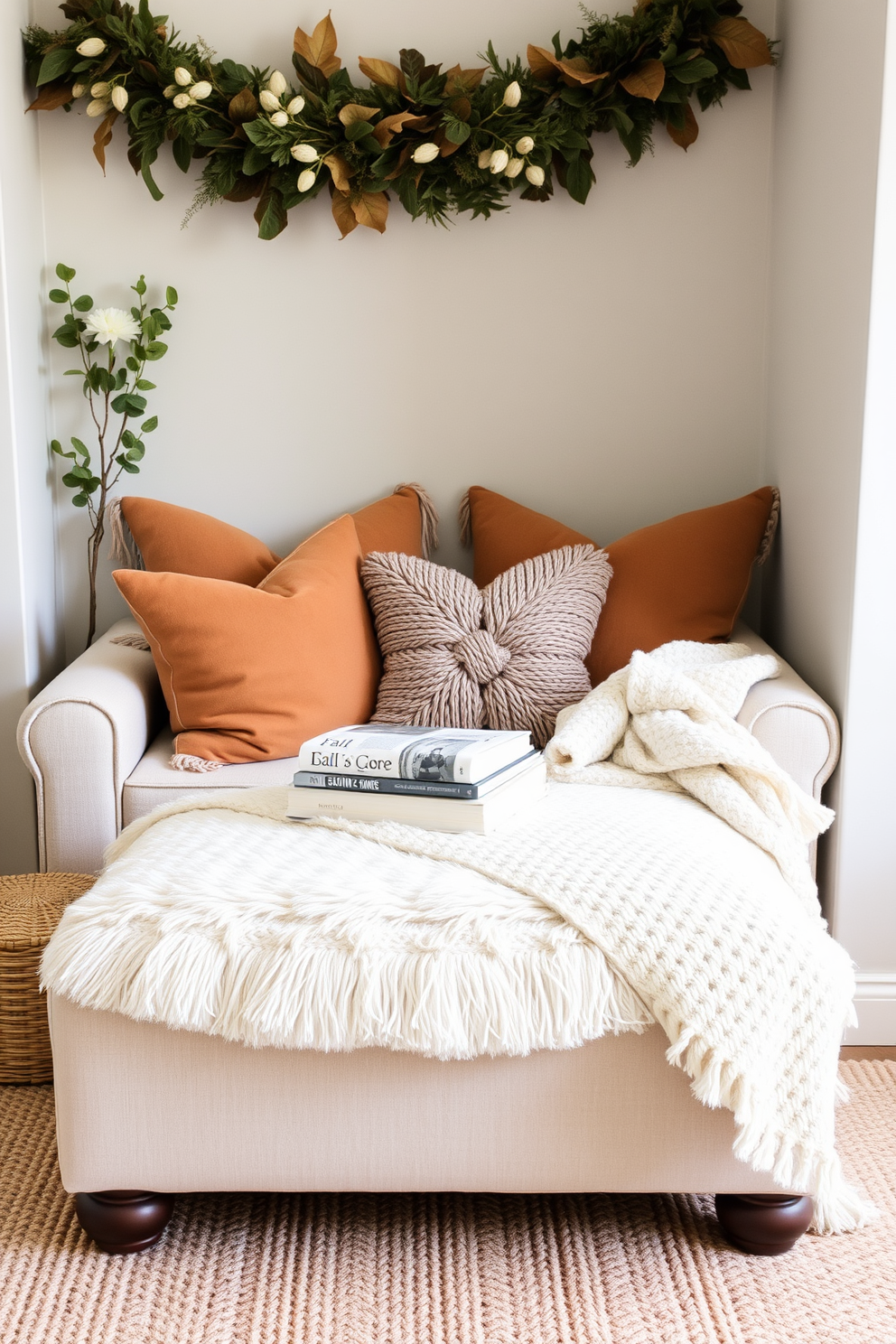 A cozy fall reading nook featuring a fluffy ottoman for extra seating. The nook is adorned with warm-toned throw pillows and a soft, knitted blanket draped over the ottoman.