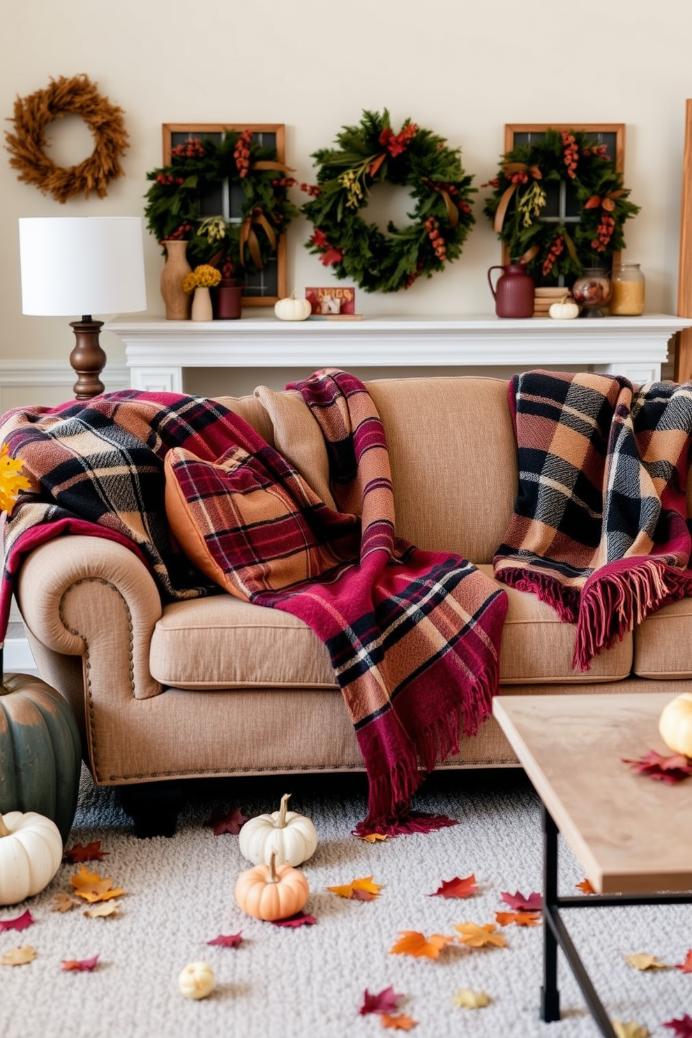 A cozy living room adorned with warm plaid throws draped over a plush sofa. The space features autumn-inspired decorations, including small pumpkins and colorful leaves scattered around the room.