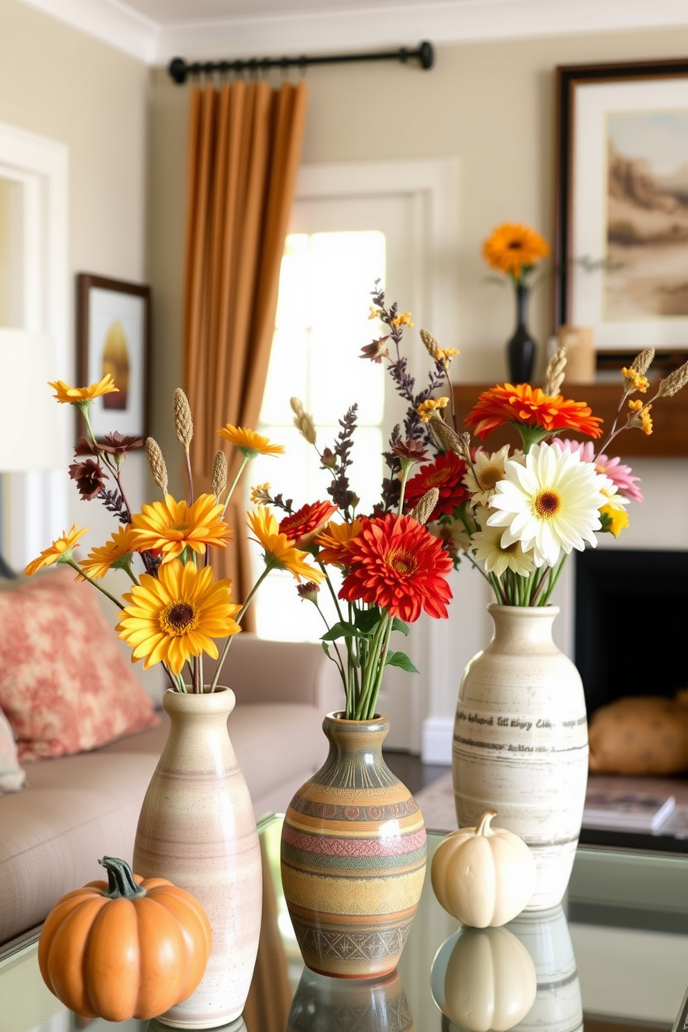 A cozy small living room adorned with seasonal floral arrangements in vases that capture the essence of fall. Rich hues of orange, red, and yellow flowers are artfully displayed in textured ceramic vases, enhancing the warm ambiance of the space.